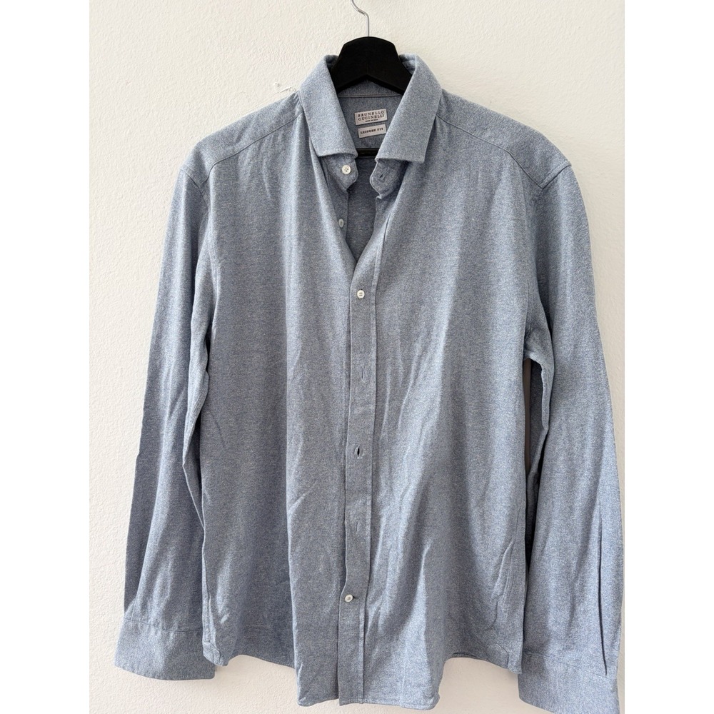 Brunello Cucinelli L Blue Cotton Linen Long Sleeve Button Down Leisure Fit